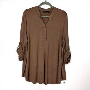 RDI Jersey Knit Pop over Roll Sleeve Top Brown Relaxed Blouse Plus Size 3X NWOT